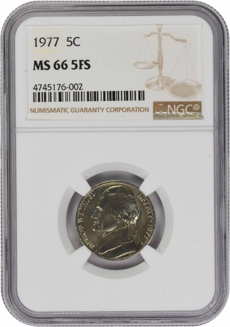 1977 Five Cent Jefferson MS66 Five Full Steps NGC Certified Coin: 1977 Five Cent Jefferson MS66 Five Full Steps NGC Certified Coin This 1977 Jefferson Nickel is graded MS66 with 5 Full Steps by NGC and remains uncirculated. Minted in Philadelphia, the coin is compos