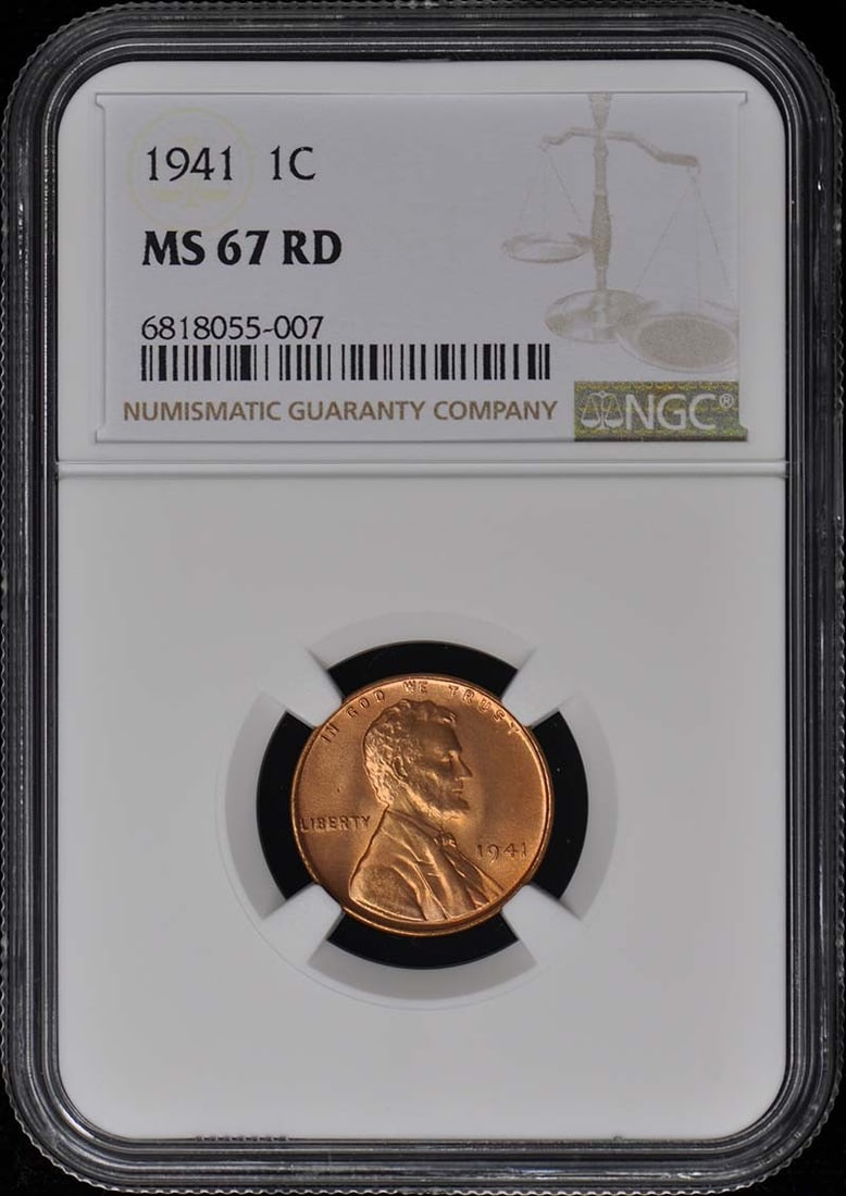 1941 NGC MS67RD Wheat Reverse Lincoln Cent Uncirculated: 1941 NGC MS67RD Wheat Reverse Lincoln Cent Uncirculated This 1941 Wheat Reverse Lincoln Cent is a stunning example of numismatic excellence, certified by NGC with a grade of MS67RD, indicating it is i