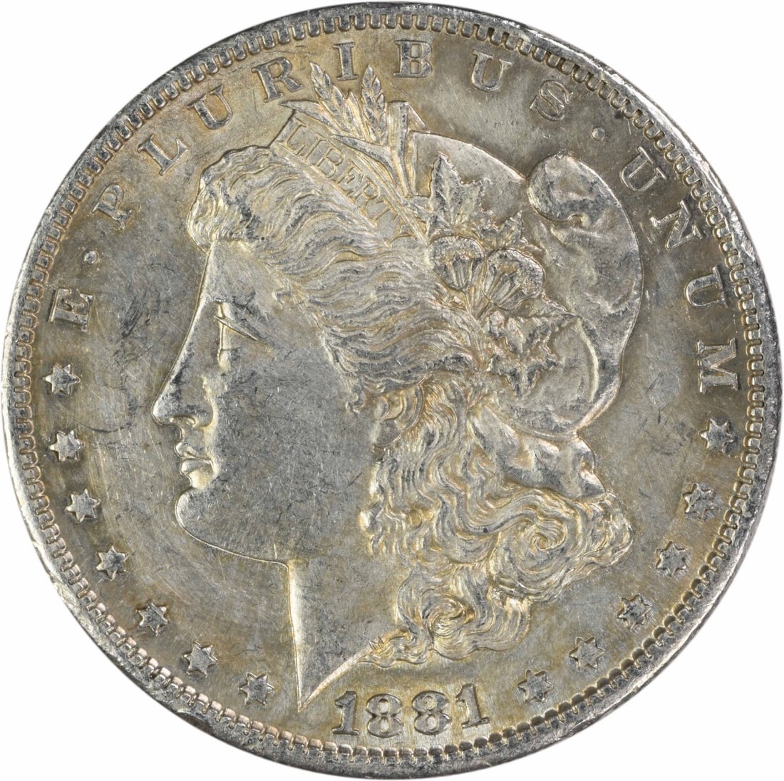 1881 San Francisco Morgan Dollar AU Uncertified: 1881 San Francisco Morgan Dollar AU Uncertified This is an 1881-S Morgan Silver Dollar from the San Francisco Mint. The coin is composed of 90% silver and 10% copper, with a reeded edge and a diameter