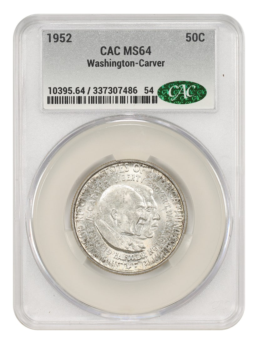 1952 Washington Carver Half Dollar CACG MS64 Silver Commemorative Coin: 1952 Washington Carver Half Dollar CACG MS64 Silver Commemorative Coin This 1952 50-cent Classic Silver Commemorative coin honors Booker T. Washington and George Washington Carver. Certified by CACG a