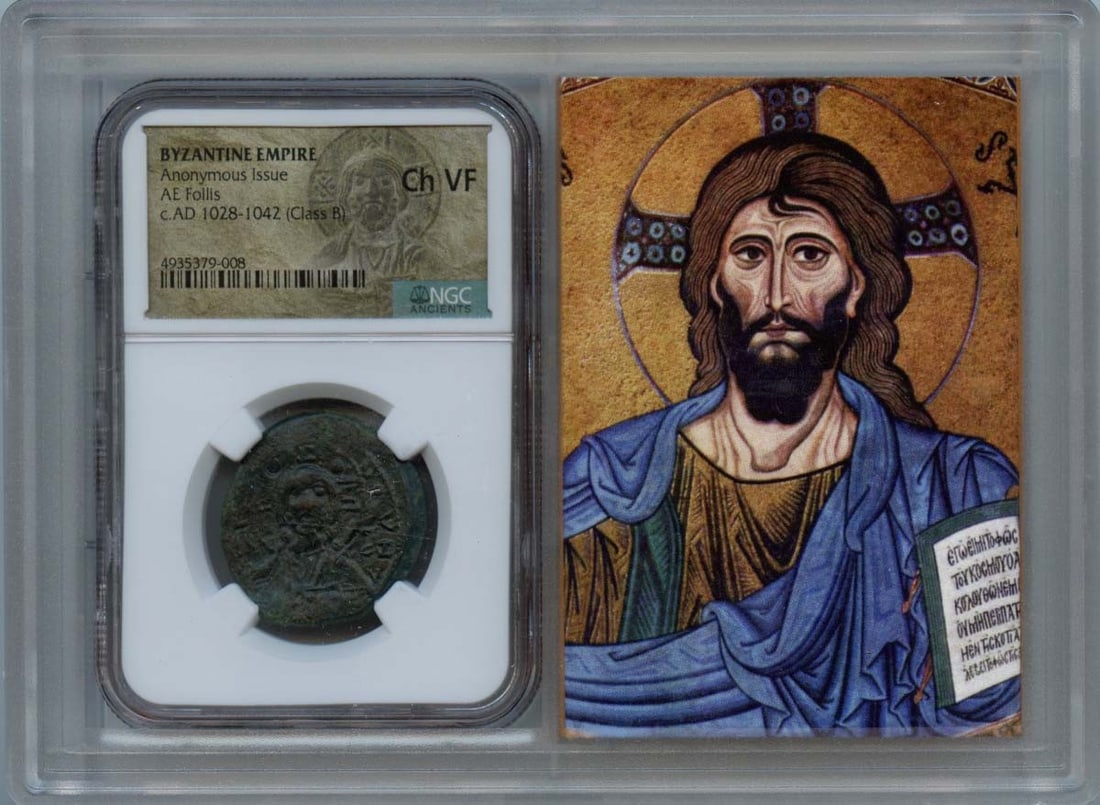 NGC VF30 Graded AE Follis Coin from Byzantine Empire: NGC VF30 Graded AE Follis Coin from Byzantine Empire This is an anonymous Byzantine Empire AE Follis coin, certified by NGC with a grade of VF30. The coin originates from Italy and is in pre-owned con