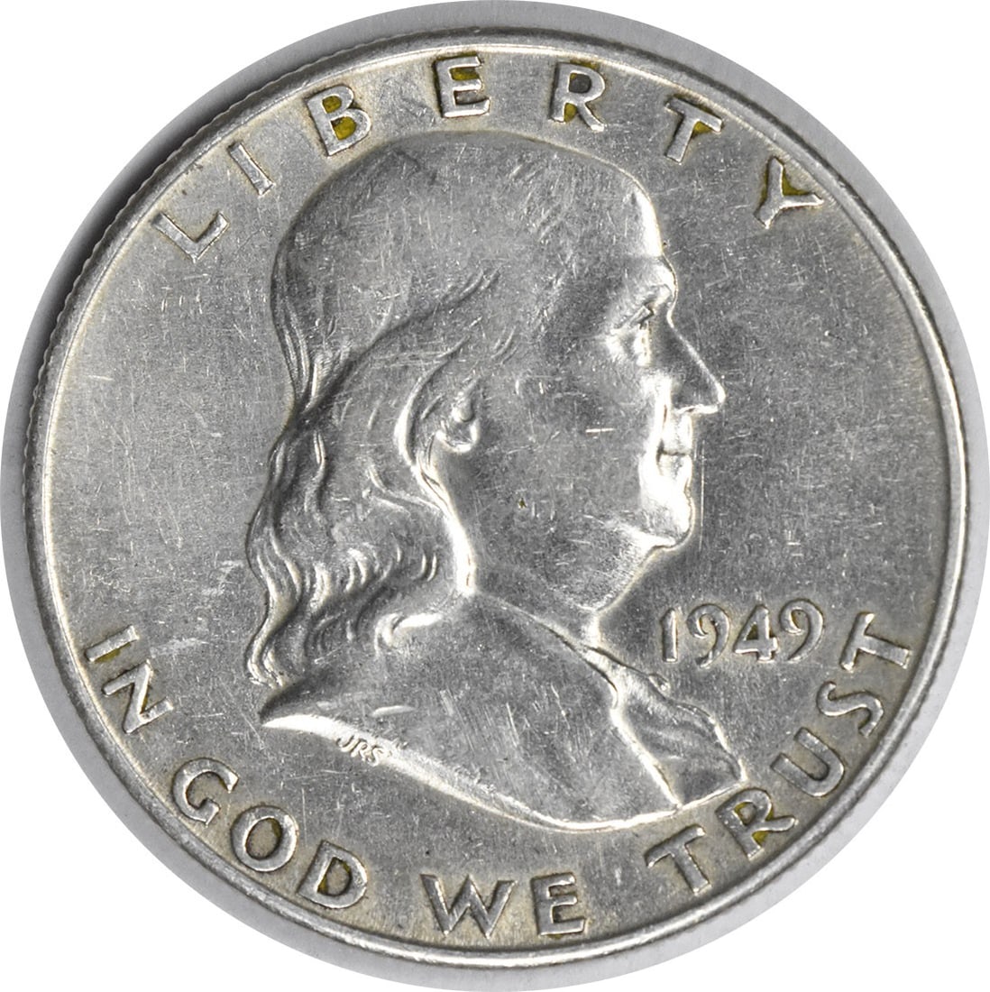 San Francisco 1949 Silver Franklin Half Dollar AU Grade Uncertified: San Francisco 1949 Silver Franklin Half Dollar AU Grade Uncertified This 1949-S Franklin Half Dollar is an uncertified coin from the San Francisco Mint. Composed of 90% silver and 10% copper, it featu