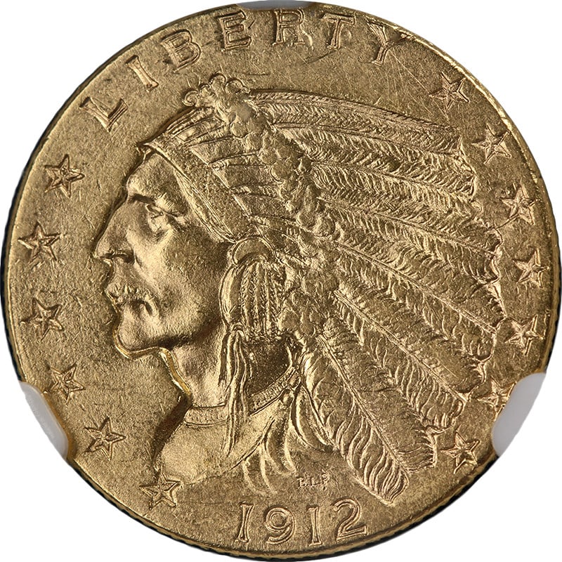 1912 Indian $2.50 Gold Coin NGC MS61: 1912 Indian $2.50 Gold Coin NGC MS61 This 1912 Indian Gold $2.50 coin has been graded MS61 by NGC. It features attractive eye appeal with bright luster, a strong strike, and excellent color. The coin 
