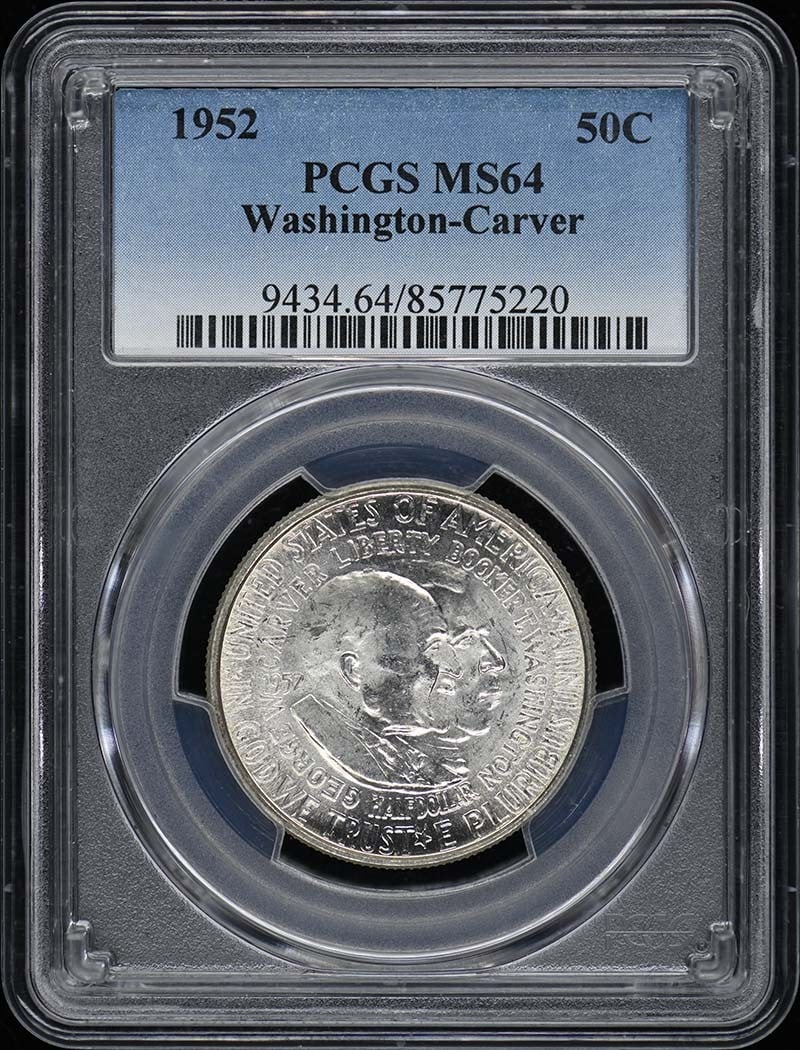 1952 Silver Washington Carver Half Dollar PCGS MS64 Philadelphia: 1952 Silver Washington Carver Half Dollar PCGS MS64 Philadelphia This is a 1952 Washington-Carver 50-cent silver commemorative coin, certified by PCGS with a grade of MS64. Struck at the Philadelphia 