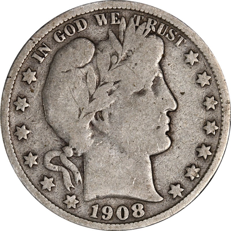 1908 San Francisco Mint Barber Silver Half Dollar United States: 1908 San Francisco Mint Barber Silver Half Dollar United States This is a 1908-S Barber Half Dollar from the United States. The coin is composed of silver with a fineness of 0.9. It has been circulate