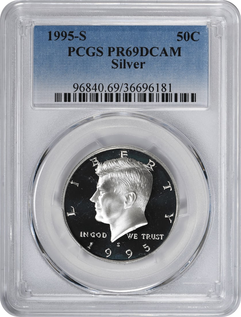 PCGS PR69DCAM 1995-S Silver Kennedy Half Dollar Proof Coin: PCGS PR69DCAM 1995-S Silver Kennedy Half Dollar Proof Coin This 1995-S Kennedy Half Dollar is a proof coin graded PR69 Deep Cameo by PCGS. Struck at the San Francisco Mint, it is composed of 90% silve