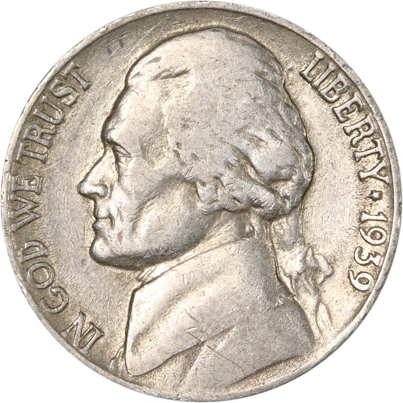 1939 Philadelphia Mint Jefferson Series Circulated Nickel Coin: 1939 Philadelphia Mint Jefferson Series Circulated Nickel Coin This is a 1939-P Jefferson Nickel from the Philadelphia Mint. The coin is circulated and composed of nickel. It is a pre-owned collectibl