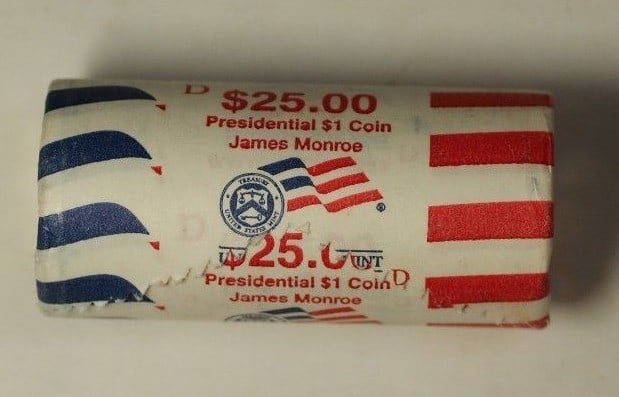 Roll of 25 Uncirculated 2008-D James Monroe Presidential $1 Coins in Bank Wrap (1 of 2)