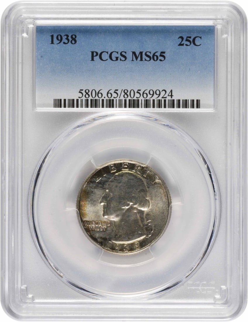 1938 Washington Quarter MS65 PCGS 90% Silver Philadelphia Mint: 1938 Washington Quarter MS65 PCGS 90% Silver Philadelphia Mint This 1938 Washington Silver Quarter is a stunning example of American coinage, graded MS65 by PCGS. Struck at the Philadelphia Mint, this