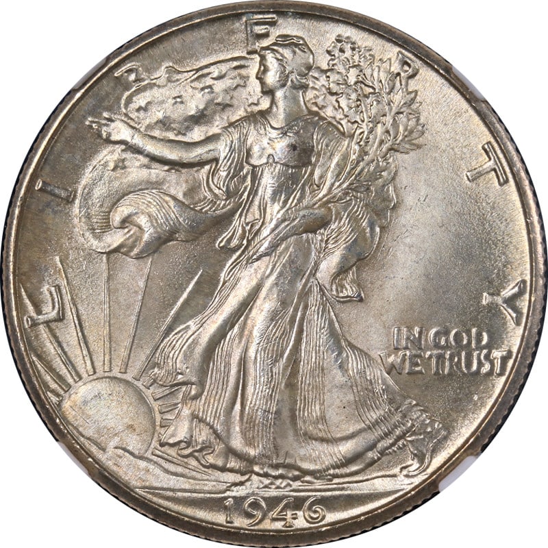 NGC MS67 1946-D Silver Walking Liberty Half Dollar Uncirculated Denver Mint: NGC MS67 1946-D Silver Walking Liberty Half Dollar Uncirculated Denver Mint This stunning 1946-D Walking Liberty Half showcases exceptional eye appeal, featuring beautiful luster and a striking design