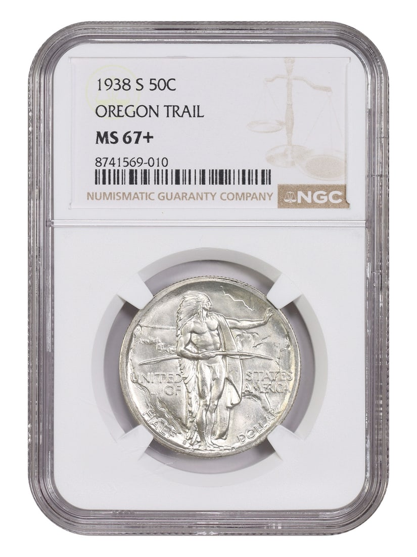1938-S Oregon Trail 50C NGC MS67+ Silver Commemorative: 1938-S Oregon Trail 50C NGC MS67+ Silver Commemorative This is a 1938-S Oregon Trail 50-cent silver commemorative coin, graded MS67+ by NGC. Issued in San Francisco with a low mintage of only 6,006 pi