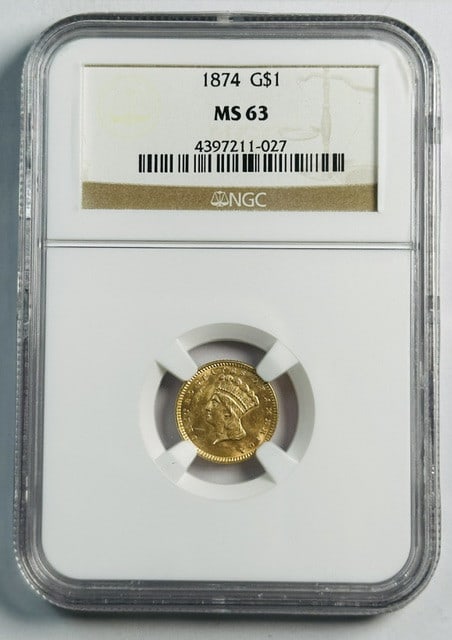 1874 Indian Princess Gold Dollar NGC MS63: 1874 Indian Princess Gold Dollar NGC MS63 This 1874 Indian Princess Large Head Gold Dollar is graded MS-63 by NGC, indicating a high-quality, well-preserved coin. Struck in gold, this pre-owned coin o