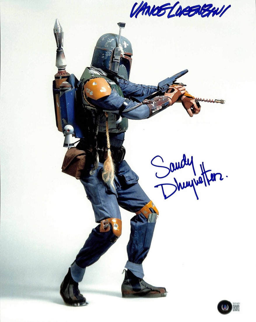 11x14 Photo Signed by Boba Fett Costume Painters Beckett Authenticated: 11x14 Photo Signed by Boba Fett Costume Painters Beckett Authenticated This is an autographed 11x14 photograph signed by Vance Lorenzini and Sandy Dhuyvetter, both of whom painted the iconic Boba Fett