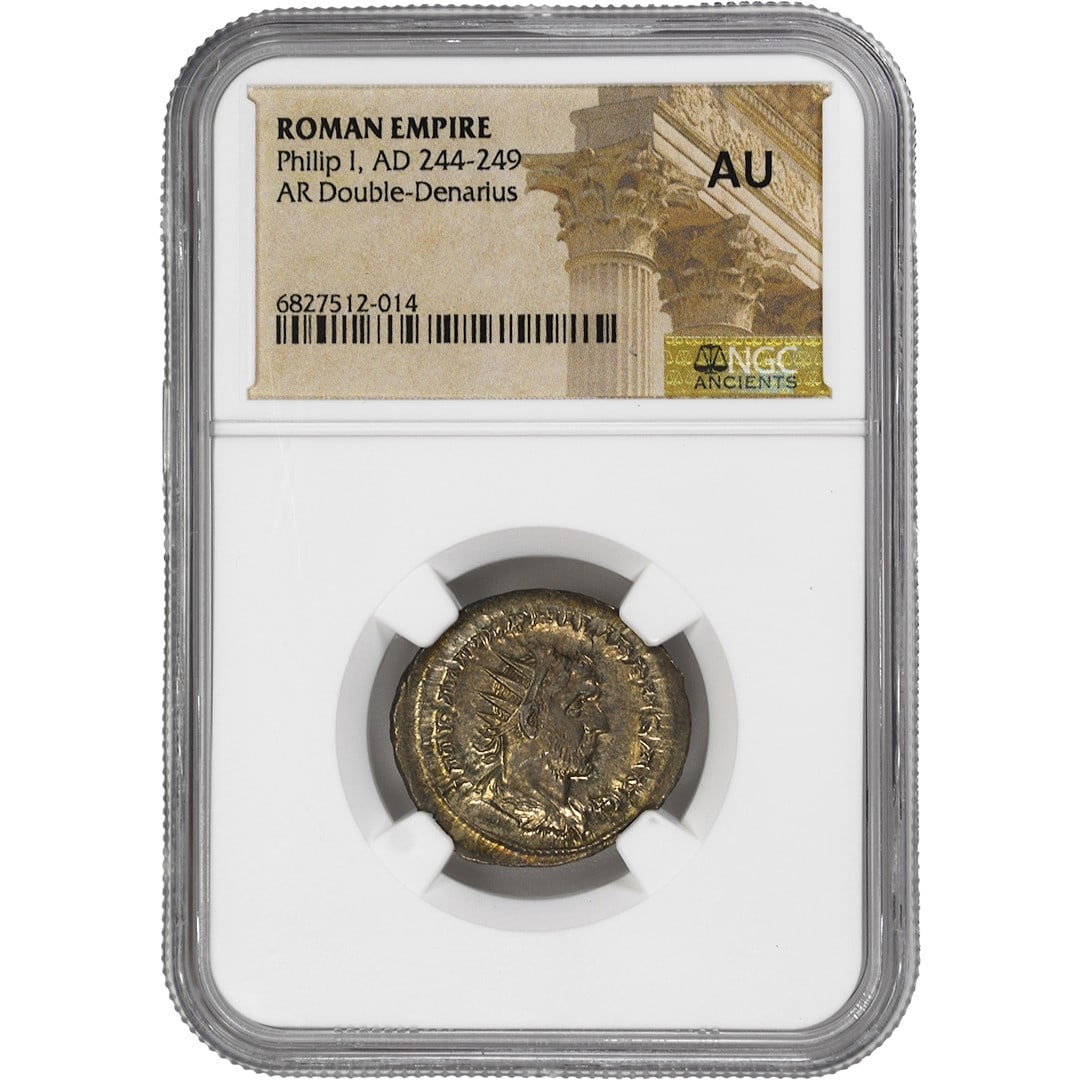 NGC AU Philip I Roman Empire AR Double Denarius AD 244-249: NGC AU Philip I Roman Empire AR Double Denarius AD 244-249 This is a Roman Empire AR Double-Denarius coin from the reign of Philip I, who ruled from AD 244 to 249. The coin is certified by NGC and has