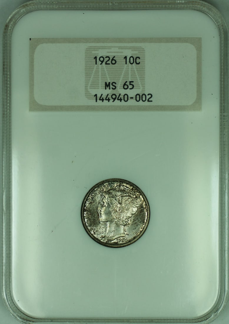 1926 Toned Mercury Dime NGC MS 65 Certified Uncirculated Coin: 1926 Toned Mercury Dime NGC MS 65 Certified Uncirculated Coin This 1926 Mercury Dime from the United States is a toned, uncirculated coin certified by NGC with a grade of MS 65. It features the iconic
