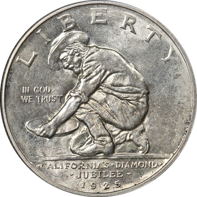 1925-S California Commemorative Half Dollar Choice BU: 1925-S California Commemorative Half Dollar Choice BU This original 1925-S California Commemorative Half Dollar offers exceptional eye appeal, featuring bright white surfaces with fantastic luster and