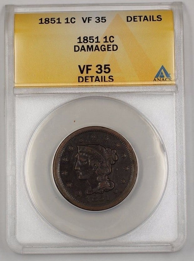 Certified 1851 Braided Hair Large Cent ANACS VF 35 Details Philadelphia Copper (1 of 2)