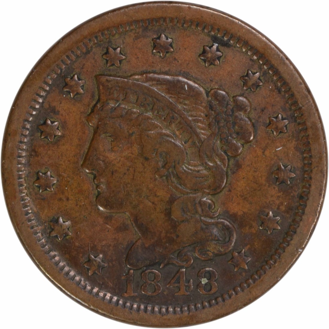 1848 Large Cent VF Braided Hair Copper Coin Uncertified: 1848 Large Cent VF Braided Hair Copper Coin Uncertified This 1848 Large Cent features a design by Christian Gobrecht and is made of copper. It is graded as VF (Very Fine) and has been circulated. The 