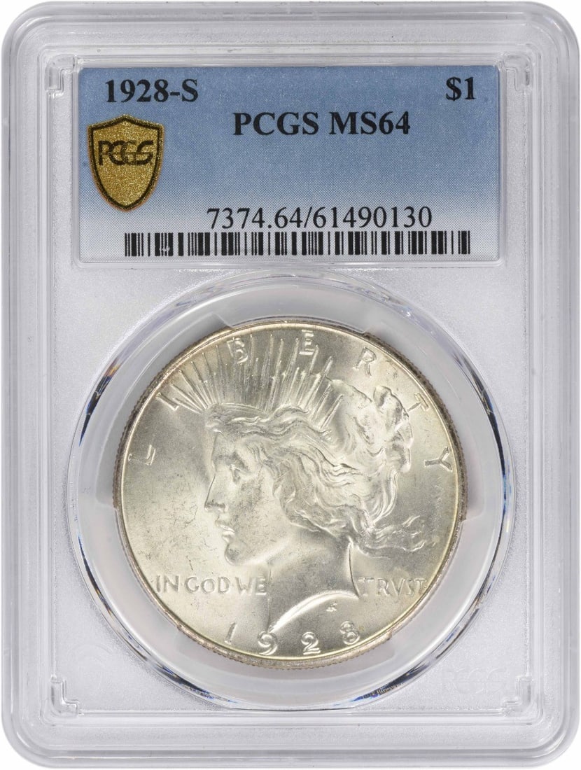 PCGS MS64 1928-S Peace Dollar San Francisco Mint: PCGS MS64 1928-S Peace Dollar San Francisco Mint This 1928-S Peace Silver Dollar is graded MS64 by PCGS and features a composition of 90% silver and 10% copper. Struck at the San Francisco Mint, this 