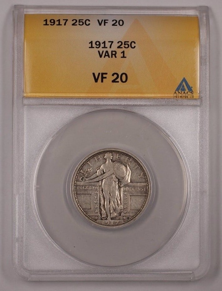 1917 Var 1 Silver Standing Liberty Quarter ANACS VF-20 Philadelphia: 1917 Var 1 Silver Standing Liberty Quarter ANACS VF-20 Philadelphia This 1917 Standing Liberty Quarter is a Variety 1 silver coin certified by ANACS with a grade of VF 20. Minted in Philadelphia, it i