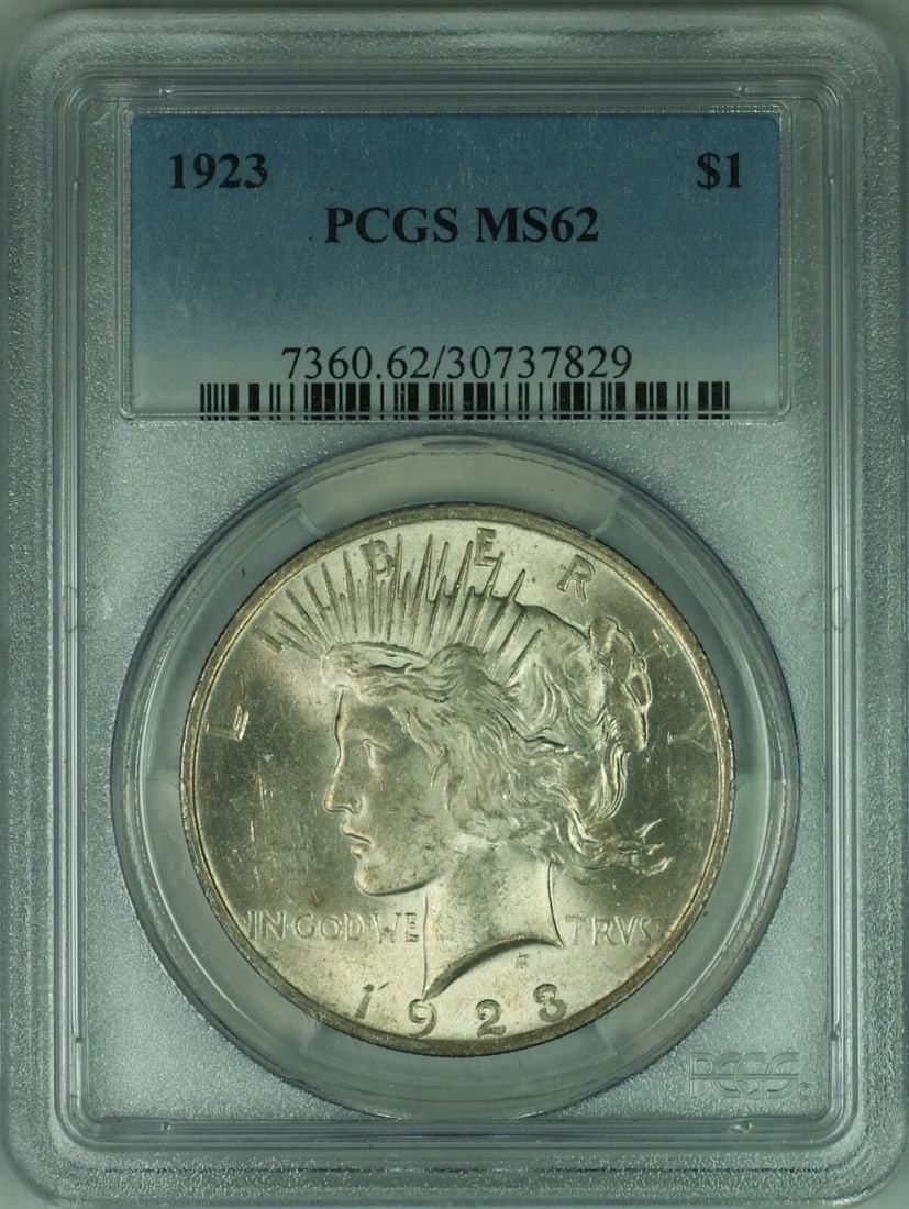 PCGS MS62 1923 Peace Dollar Philadelphia Mint Silver $1 Coin: PCGS MS62 1923 Peace Dollar Philadelphia Mint Silver $1 Coin This 1923 Peace Silver Dollar is certified by PCGS with a grade of MS-62, indicating an uncirculated coin. Minted in Philadelphia, it is co