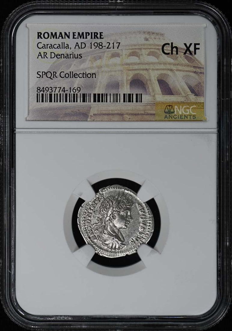 NGC Ch XF Caracalla Roman Empire AR Denarius: NGC Ch XF Caracalla Roman Empire AR Denarius This is a Roman Empire AR Denarius coin issued during the reign of Caracalla, who ruled from AD 198 to 217. The coin has been certified and graded Choice E