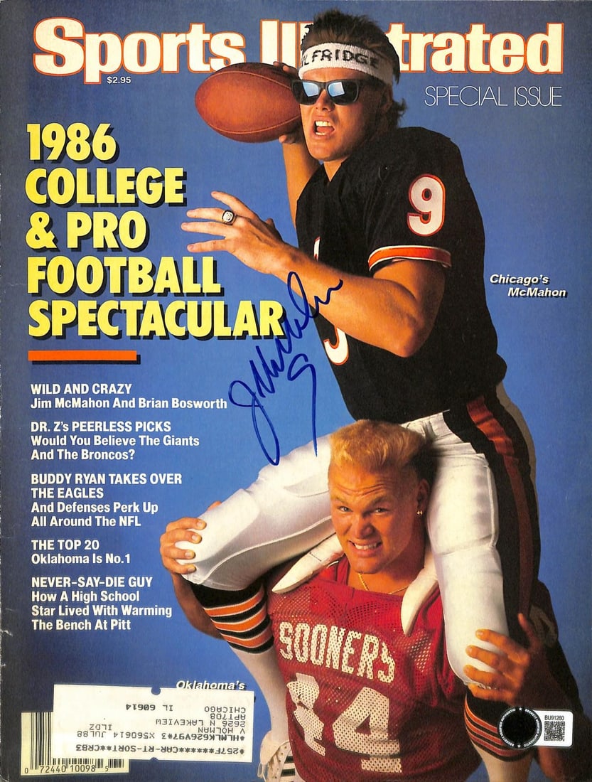 Beckett Authenticated Jim McMahon signed SI football cover: Beckett Authenticated Jim McMahon signed SI football cover This item is an original Sports Illustrated '1986 College & Pro Football Spectacular' magazine cover, not the full magazine. The cover featur