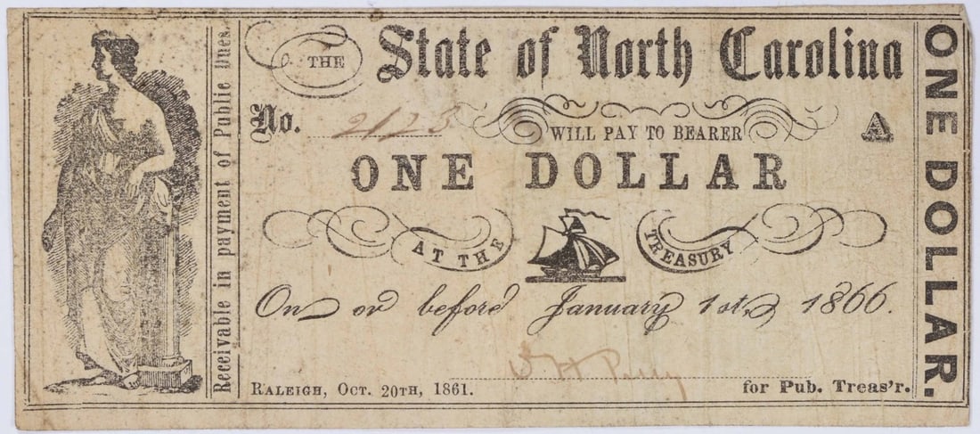 North Carolina State Bank CR-32 One Dollar Note: North Carolina State Bank CR-32 One Dollar Note This is a circulated $1 banknote issued by the State Bank of North Carolina. The note is in Very Fine (VF) condition and is uncertified. It features his