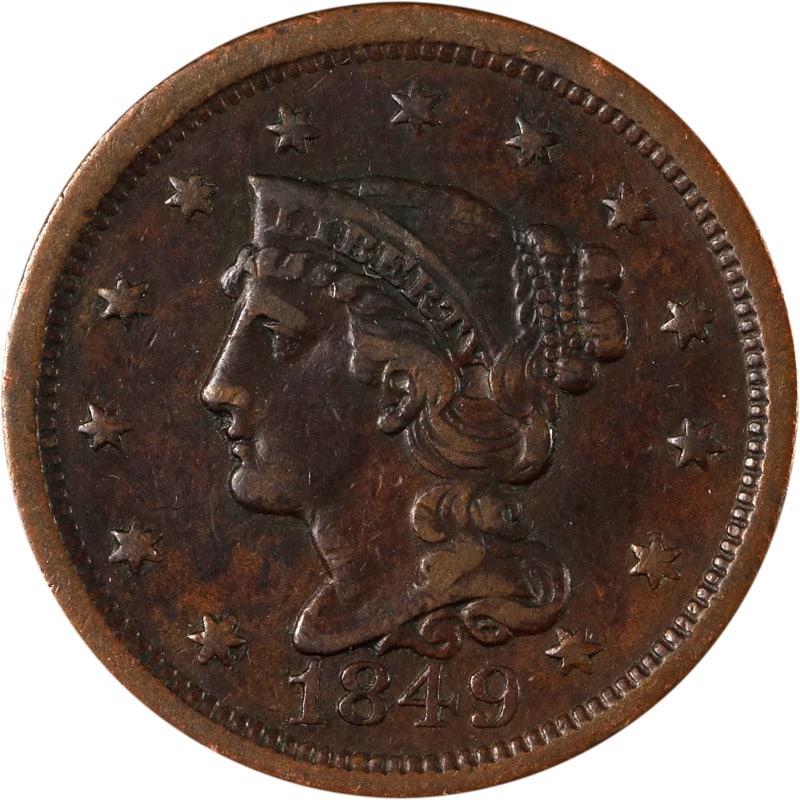 1849 United States Copper Large Cent Circulated Coin: 1849 United States Copper Large Cent Circulated Coin This 1849 Large Cent is a circulated pre-owned coin from the United States, composed of copper. It is uncertified and represents a classic example 