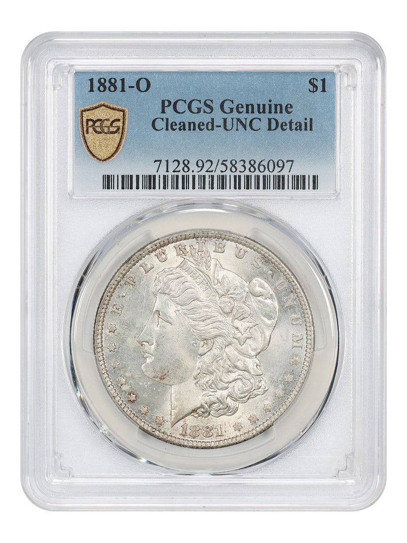 PCGS UNC Details 1881 O Morgan Silver Dollar: PCGS UNC Details 1881 O Morgan Silver Dollar This 1881-O Morgan Dollar is graded Uncirculated (MS 60) by PCGS and has been noted as cleaned. Minted in New Orleans, this pre-owned coin is part of the M