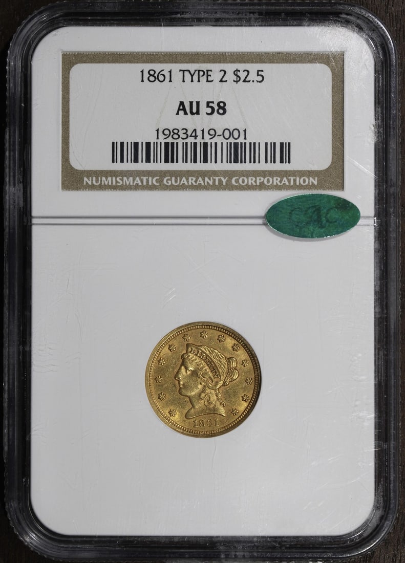 1861 Liberty Head $2.50 Gold Quarter Eagle NGC AU58 CAC: 1861 Liberty Head $2.50 Gold Quarter Eagle NGC AU58 CAC This 1861 Type 2 Liberty Head Gold Quarter Eagle features the new reverse design and is graded AU58 by NGC, with CAC approval. Struck in Philade