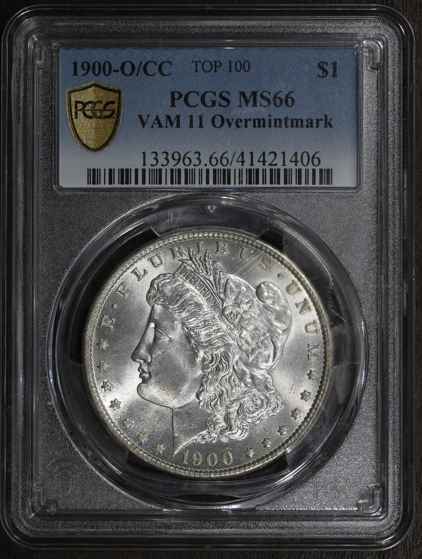 PCGS MS66 Morgan Dollar 1900-O CC VAM 11 Overmintmark: PCGS MS66 Morgan Dollar 1900-O CC VAM 11 Overmintmark This 1900-O/CC Morgan Silver Dollar features the VAM 11 overmintmark variety and is graded MS66 by PCGS. Struck in New Orleans, this uncirculated 