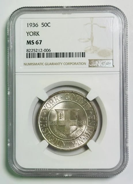 1936 York Half Dollar NGC MS 67 Silver Commemorative: 1936 York Half Dollar NGC MS 67 Silver Commemorative This is a 1936 York Commemorative Half Dollar graded MS 67 by NGC. The coin is composed of silver and originates from the USA. It is pre-owned and 