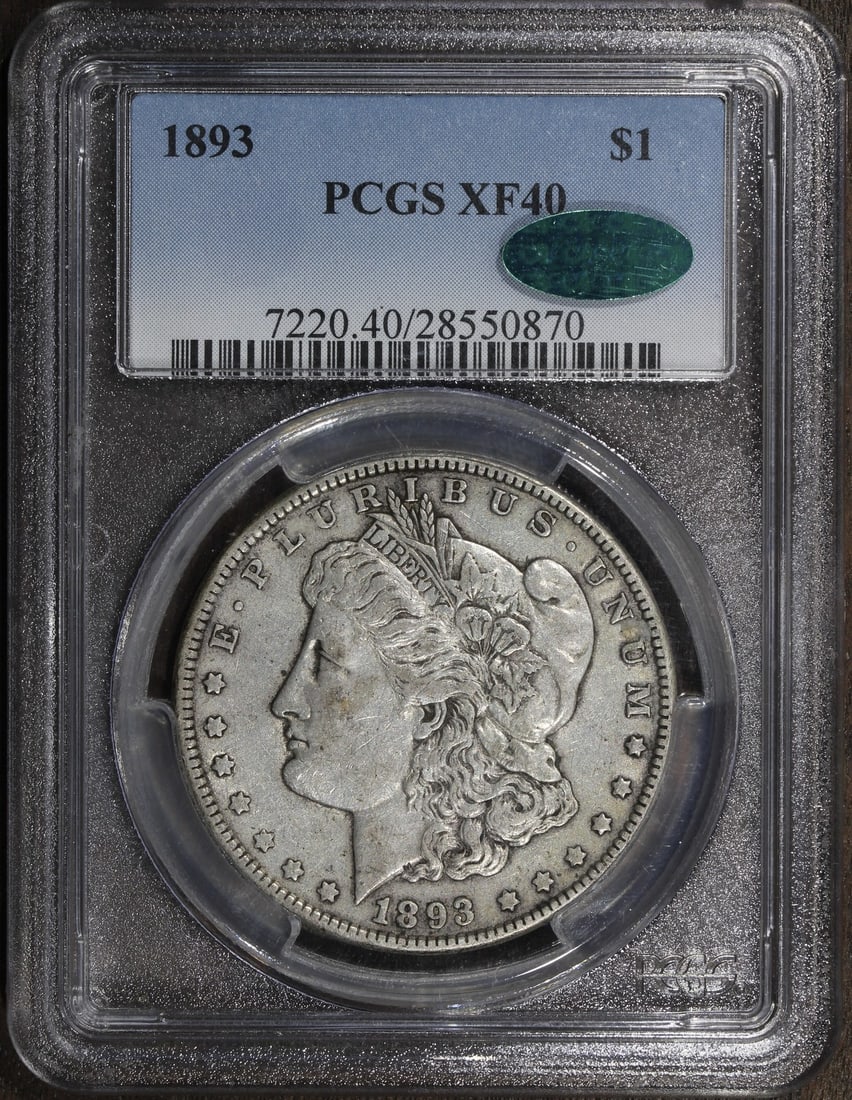 1893 Morgan Silver Dollar PCGS XF40 CAC Key Date: 1893 Morgan Silver Dollar PCGS XF40 CAC Key Date This 1893 Morgan Silver Dollar features a key date from the series and has been graded XF40 by PCGS. The coin is composed of 90% silver and was minted 