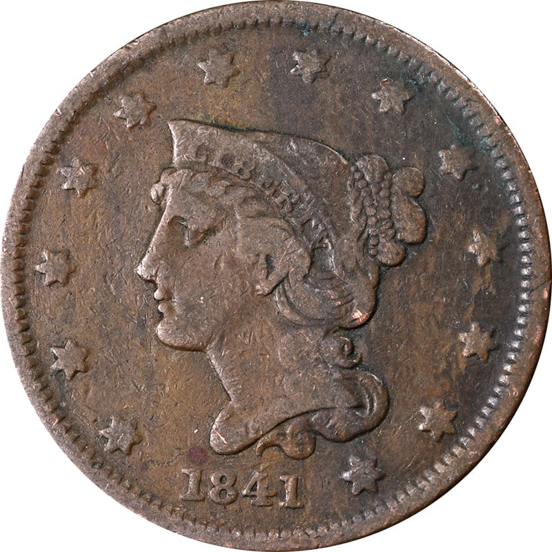 1841 United States Copper Large Cent Uncertified Circulated Coin: 1841 United States Copper Large Cent Uncertified Circulated Coin This 1841 Large Cent from the United States is composed of copper and has been circulated. It is uncertified and in pre-owned condition