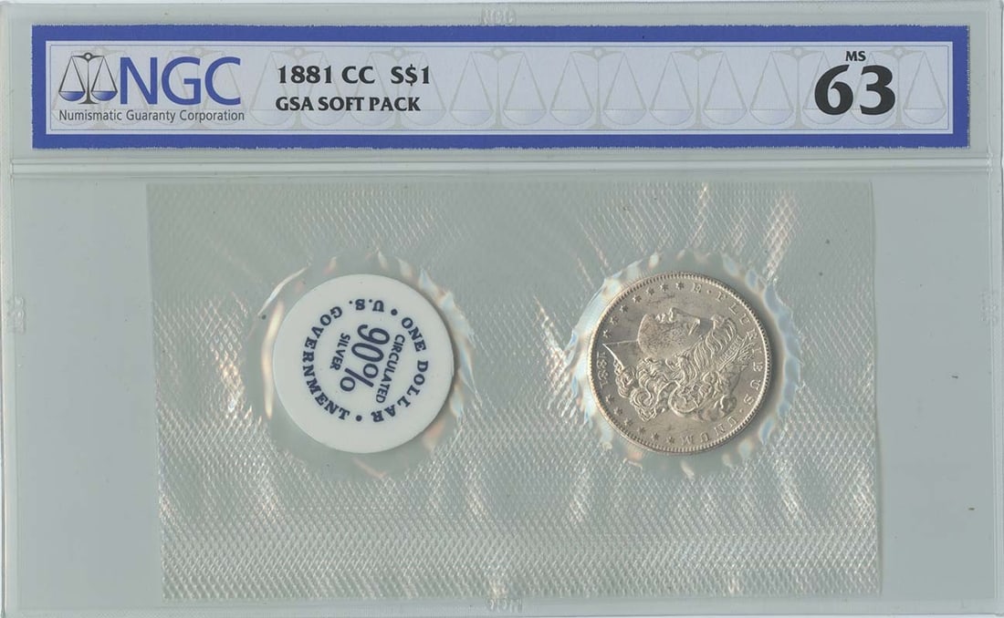 NGC MS63 1881 Carson City Morgan Silver Dollar GSA Soft Pack: NGC MS63 1881 Carson City Morgan Silver Dollar GSA Soft Pack This is an 1881-CC Morgan Dollar in a GSA Soft Pack, graded MS63 by NGC. The coin is uncirculated and originates from the Carson City Mint.