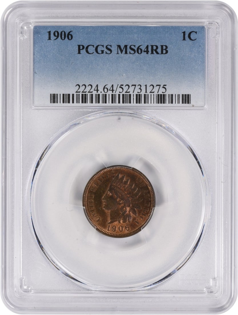 PCGS MS64RB 1906 Indian Head Copper Small Cent: PCGS MS64RB 1906 Indian Head Copper Small Cent This 1906 Indian Cent features the RPD MPD S-14 variety and has been graded MS64RB by PCGS. Struck in copper, this uncirculated small cent is a pre-owned