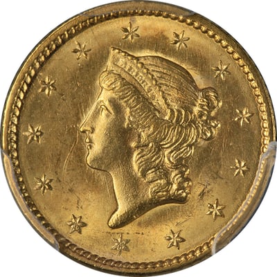 PCGS MS64 1849-P Liberty Gold Dollar Open Wreath: PCGS MS64 1849-P Liberty Gold Dollar Open Wreath This 1849-P Type 1 Liberty Gold $1 Open Wreath coin is graded PCGS MS64. It features strong eye appeal, excellent luster, and a well-defined strike. Th