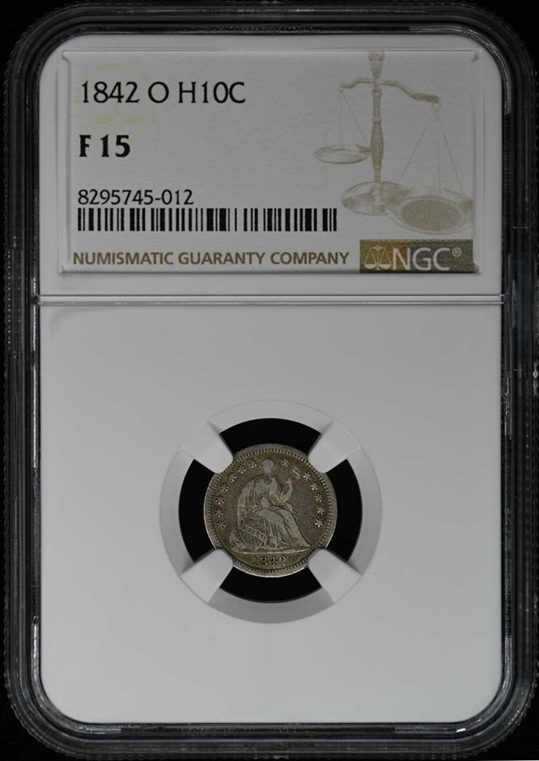 1842-O NGC Certified Seated Half Dime Stars Obverse F15: 1842-O NGC Certified Seated Half Dime Stars Obverse F15 This 1842-O Seated Half Dime features a classic Liberty Seated design and has been certified by NGC with a grade of F15. It was minted in New Or