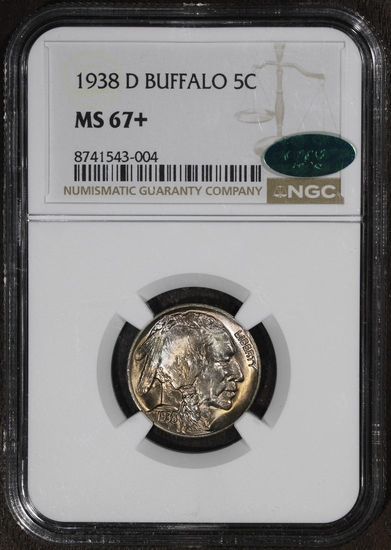 NGC MS67 Plus CAC 1938-D Buffalo 5C Nickel: NGC MS67 Plus CAC 1938-D Buffalo 5C Nickel This 1938-D Buffalo Nickel is graded MS67+ by NGC and features attractive toning. Struck in Denver, this uncirculated coin is composed of copper with a finen