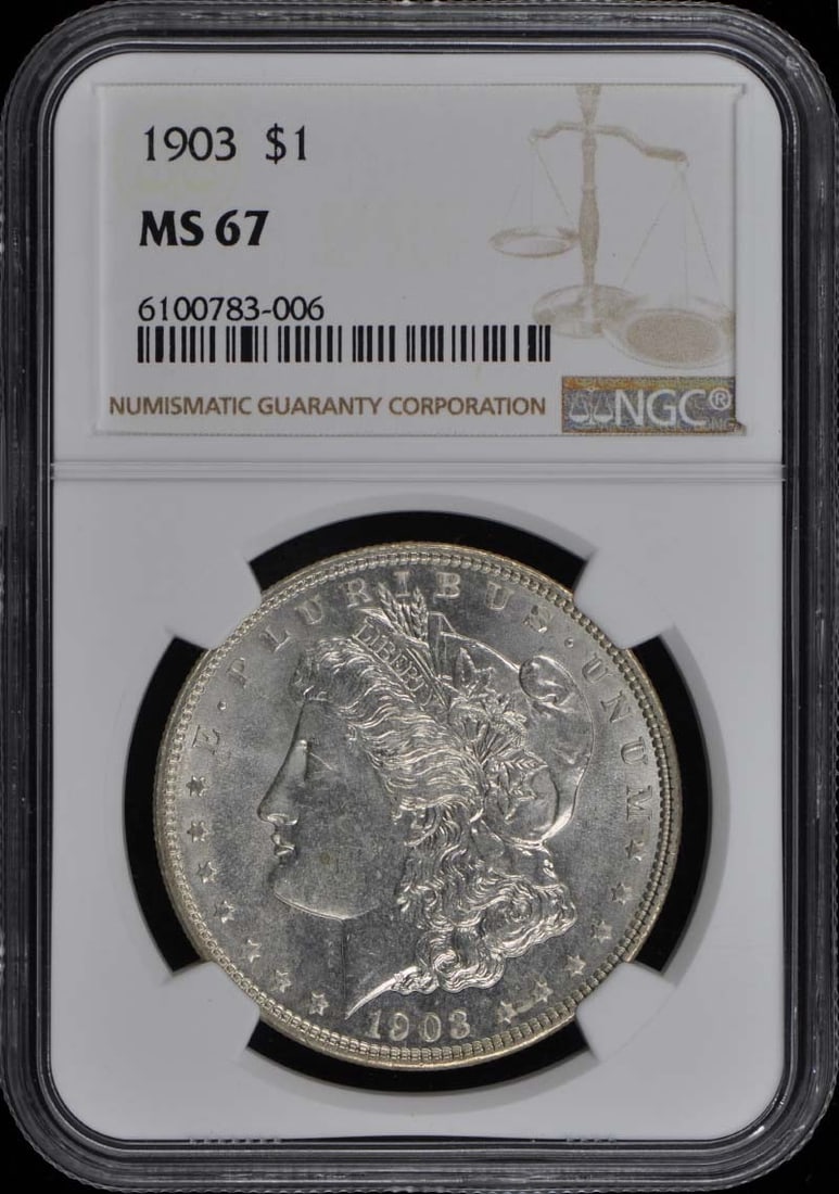1903 Morgan Dollar NGC MS67 Uncirculated Philadelphia Coin: 1903 Morgan Dollar NGC MS67 Uncirculated Philadelphia Coin This exquisite 1903 Morgan Dollar is certified by NGC with a remarkable MS67 grade, indicating its uncirculated condition. Struck in Philadel