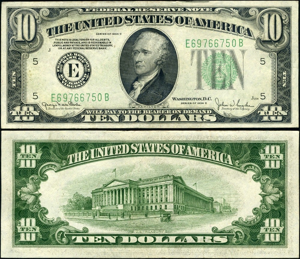 1934-D $10 Federal Reserve Note Richmond E-B Block Uncertified CU: 1934-D $10 Federal Reserve Note Richmond E-B Block Uncertified CU This uncirculated 1934-D Federal Reserve Note, denominated at $10, features the Richmond E-B Block series. The note is in pristine con