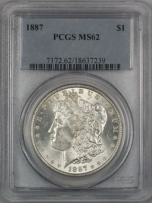 PCGS MS-62 1887 Morgan silver dollar: PCGS MS-62 1887 Morgan silver dollar This 1887 Morgan Silver Dollar has been graded MS-62 by PCGS. It is a pre-owned coin, offering collectors a quality example from this year. Specifications Year: 18