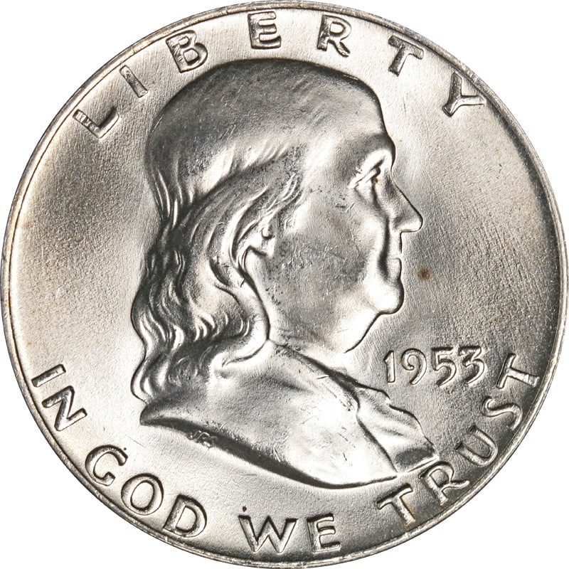 1953 Denver Mint Silver Franklin 50 Cent Coin United States: 1953 Denver Mint Silver Franklin 50 Cent Coin United States This is a 1953-D Franklin Half Dollar from the United States. The coin is composed of silver with a fineness of 0.9. It was minted at the De