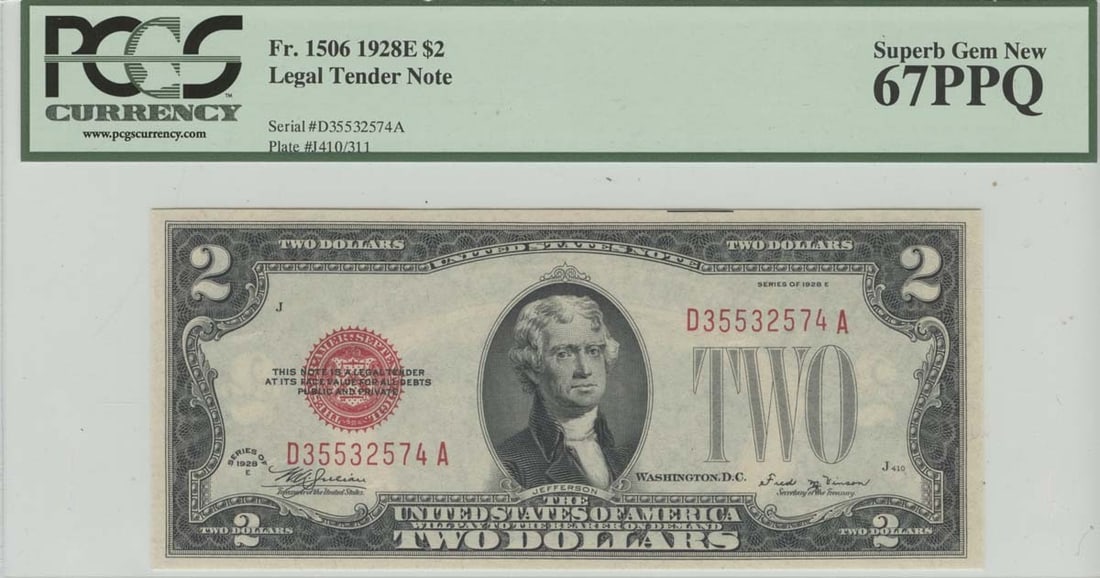 1928E $2 Legal Tender Note PCGS MS67 Superb Gem Uncirculated: 1928E $2 Legal Tender Note PCGS MS67 Superb Gem Uncirculated This 1928E $2 Legal Tender note is graded MS67 by PCGS, indicating it is in superb gem uncirculated condition. The note features a denomina