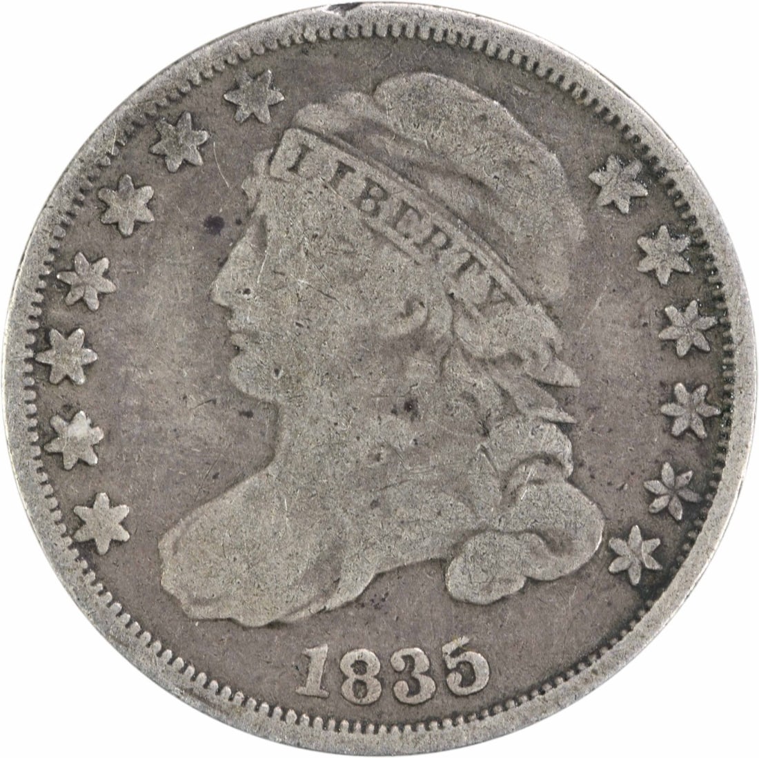1835 Capped Bust Silver Dime 10C Philadelphia Uncertified: 1835 Capped Bust Silver Dime 10C Philadelphia Uncertified This 1835 Capped Bust Silver Dime is a notable piece for collectors, featuring a grade of Very Good (VG) and an unverified certification statu