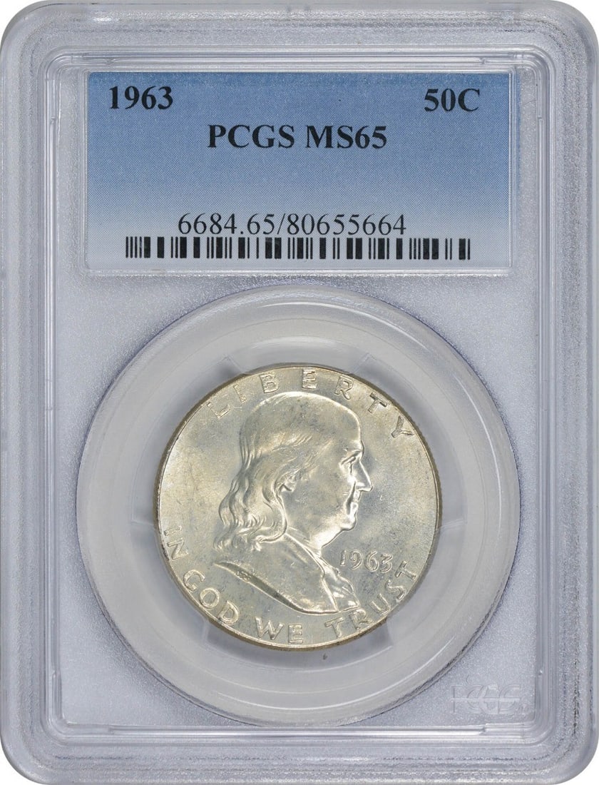 1963 Franklin Half Dollar MS65 PCGS Uncirculated 90% Silver Coin: 1963 Franklin Half Dollar MS65 PCGS Uncirculated 90% Silver Coin This stunning 1963 Franklin Half Dollar is graded MS65 by PCGS, assuring its premium quality and uncirculated status. Minted in Philade