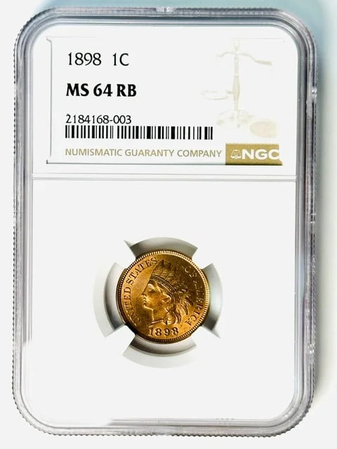 1898 Indian Head cent NGC MS-64 RB: 1898 Indian Head cent NGC MS-64 RB This 1898 Indian Head Small Cent is graded MS 64 Red Brown by NGC and is composed of copper. The coin is pre-owned and originates from the USA. It features a vibrant