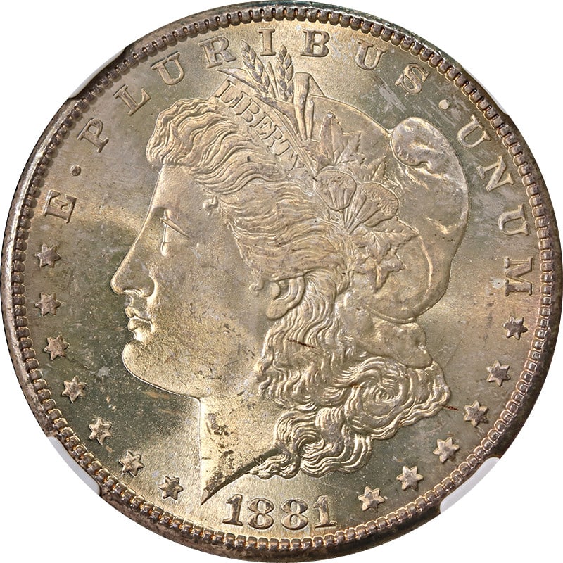 NGC MS66 1881-S Morgan Dollar With Colorful Toning: NGC MS66 1881-S Morgan Dollar With Colorful Toning This 1881-S Morgan Silver Dollar is certified by NGC with a grade of MS66, indicating a high-quality, uncirculated coin. Composed of silver with a fi