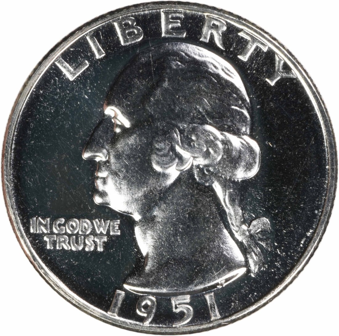 1951 Silver Proof Washington Quarter Uncertified Choice Grade: 1951 Silver Proof Washington Quarter Uncertified Choice Grade This 1951 Washington Quarter is a choice proof example, featuring a silver composition. It is uncertified and uncirculated, with a proof s